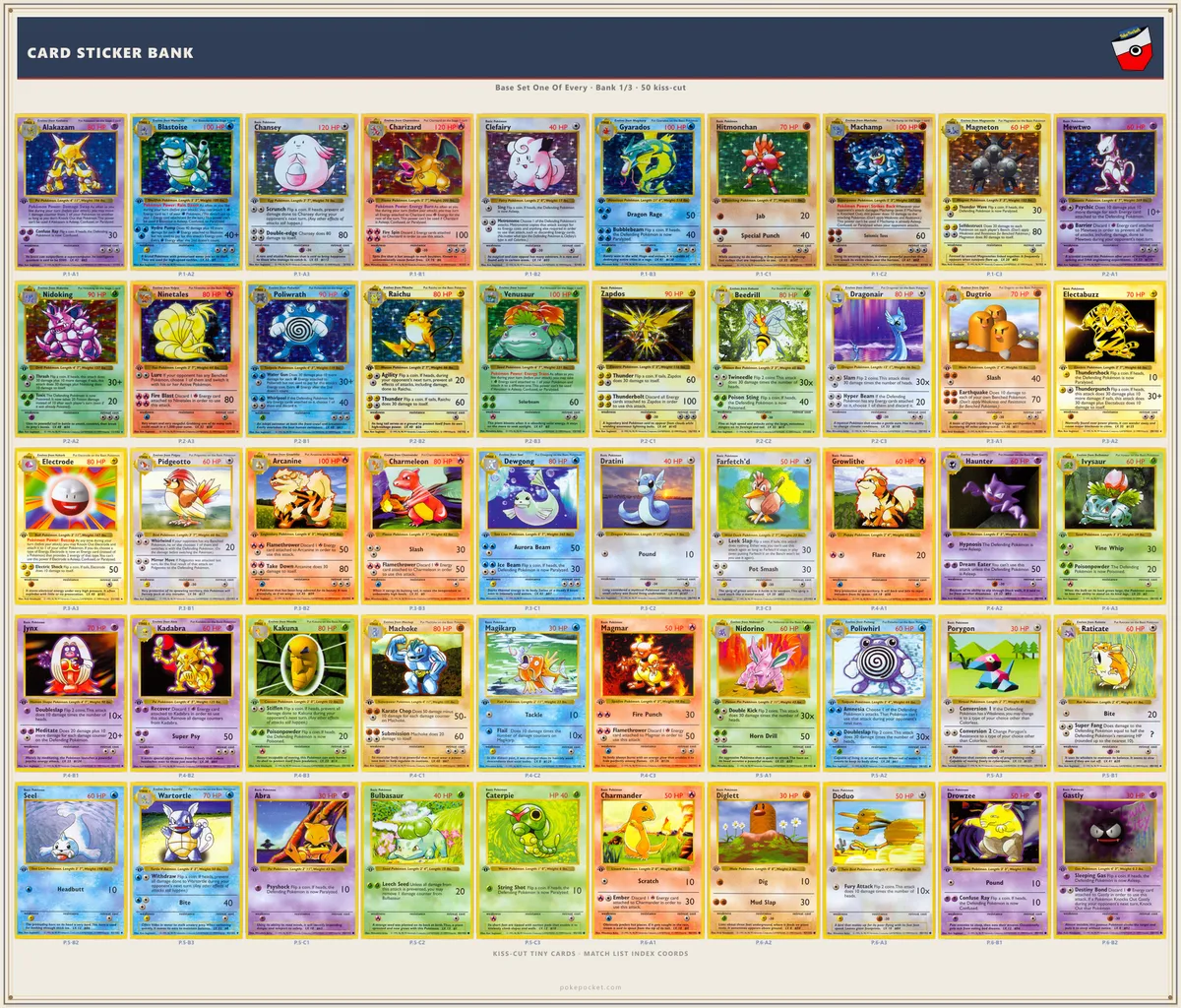 Base Set kiss-cut card-bank mini stickers beside checklist rows — confirm each card as it lands in a pocket