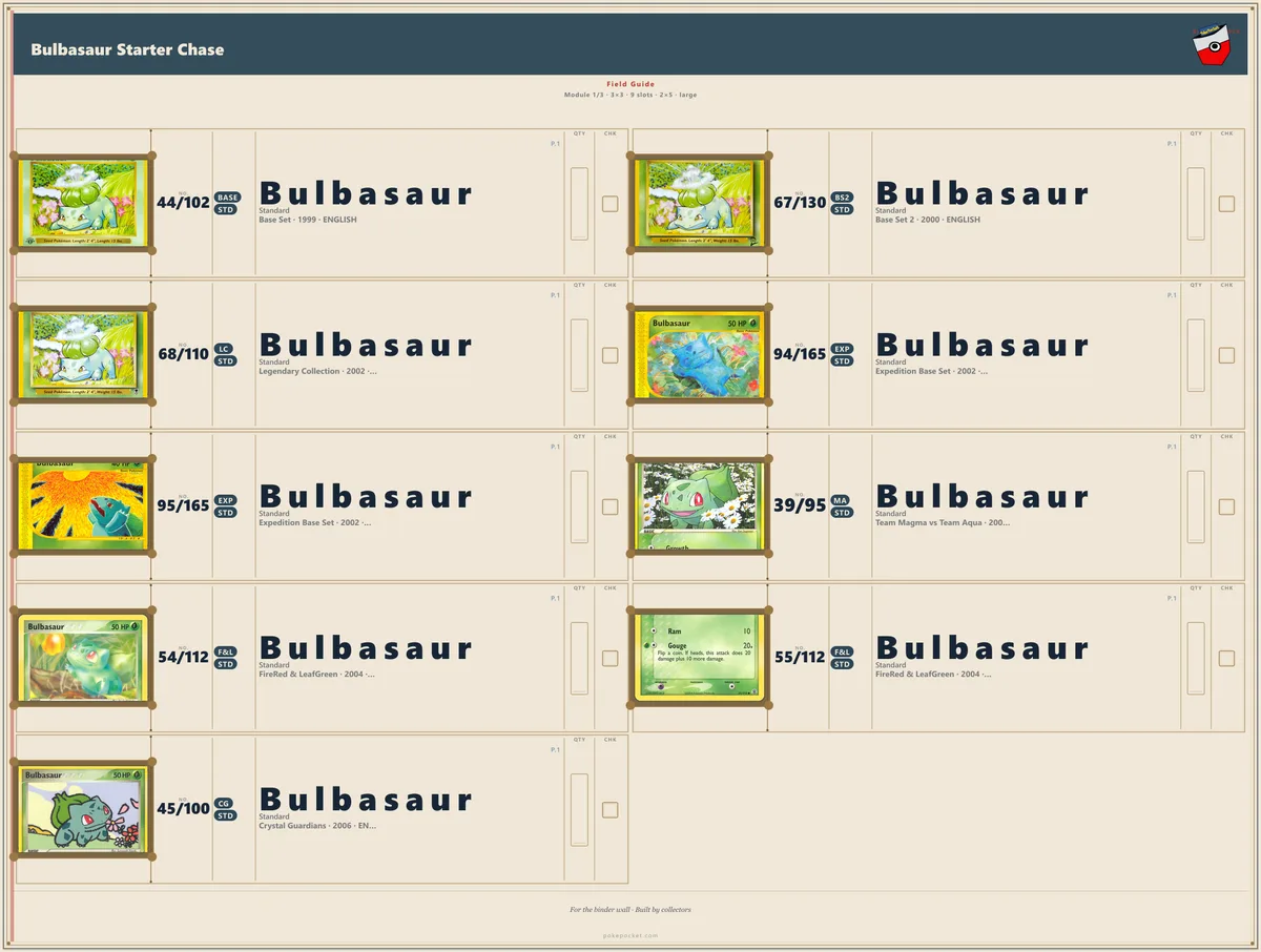 Bulbasaur binder inside front cover with peel-and-stick checklist sticker — numbered rows with QTY and CHK columns