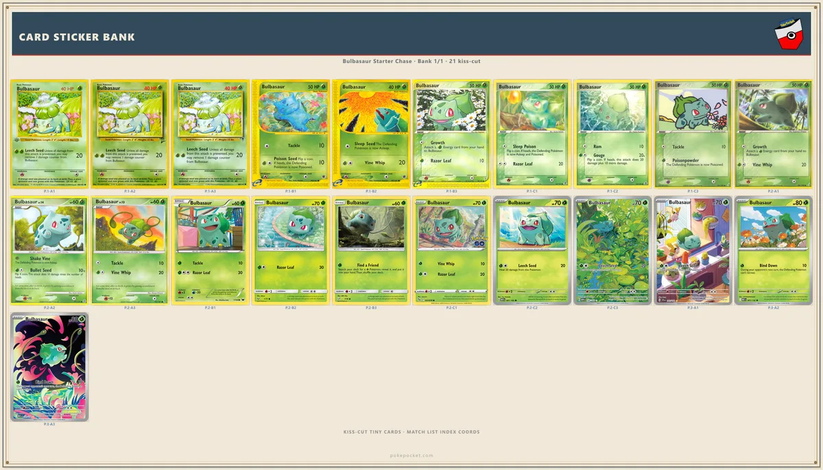 Bulbasaur kiss-cut card-bank mini stickers beside checklist rows — confirm each card as it lands in a pocket
