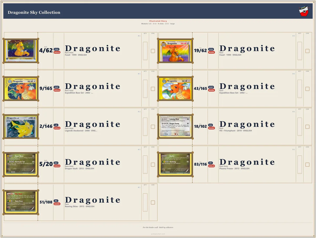 Dragonite binder inside front cover with peel-and-stick checklist sticker — numbered rows with QTY and CHK columns