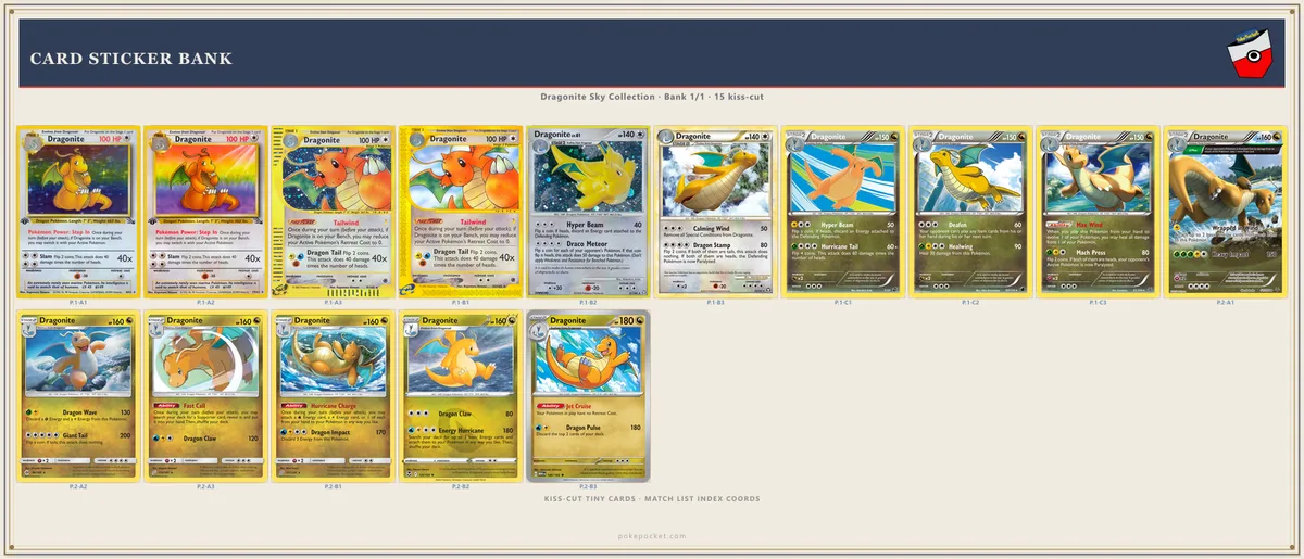 Dragonite kiss-cut card-bank mini stickers beside checklist rows — confirm each card as it lands in a pocket