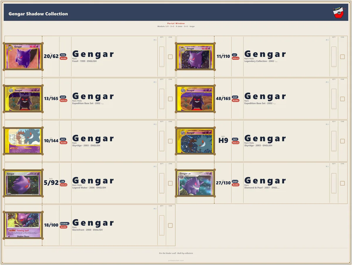 Gengar binder inside front cover with peel-and-stick checklist sticker — numbered rows with QTY and CHK columns