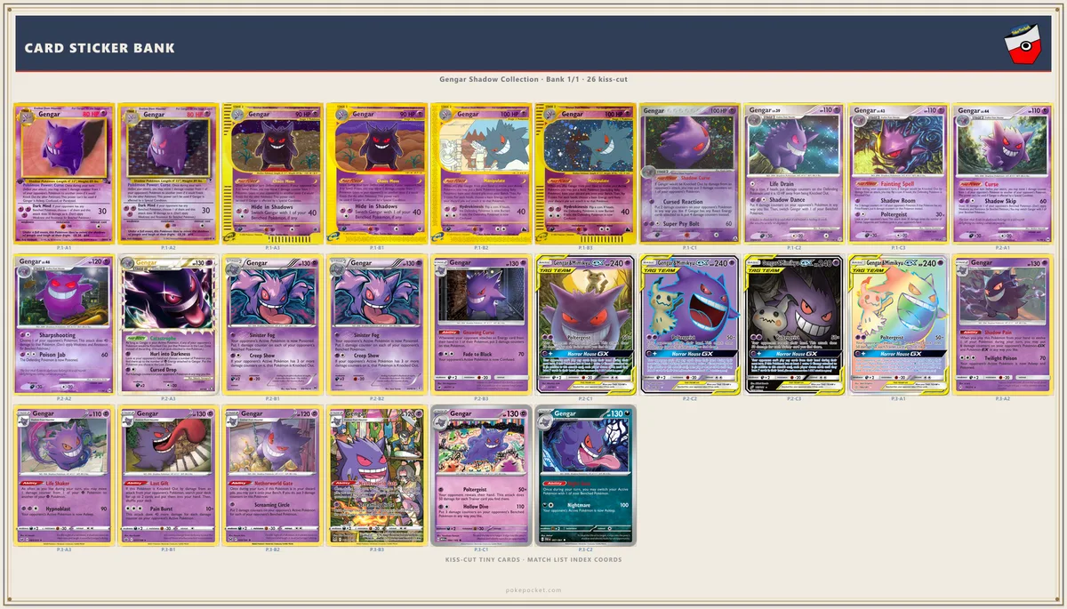 Gengar kiss-cut card-bank mini stickers beside checklist rows — confirm each card as it lands in a pocket