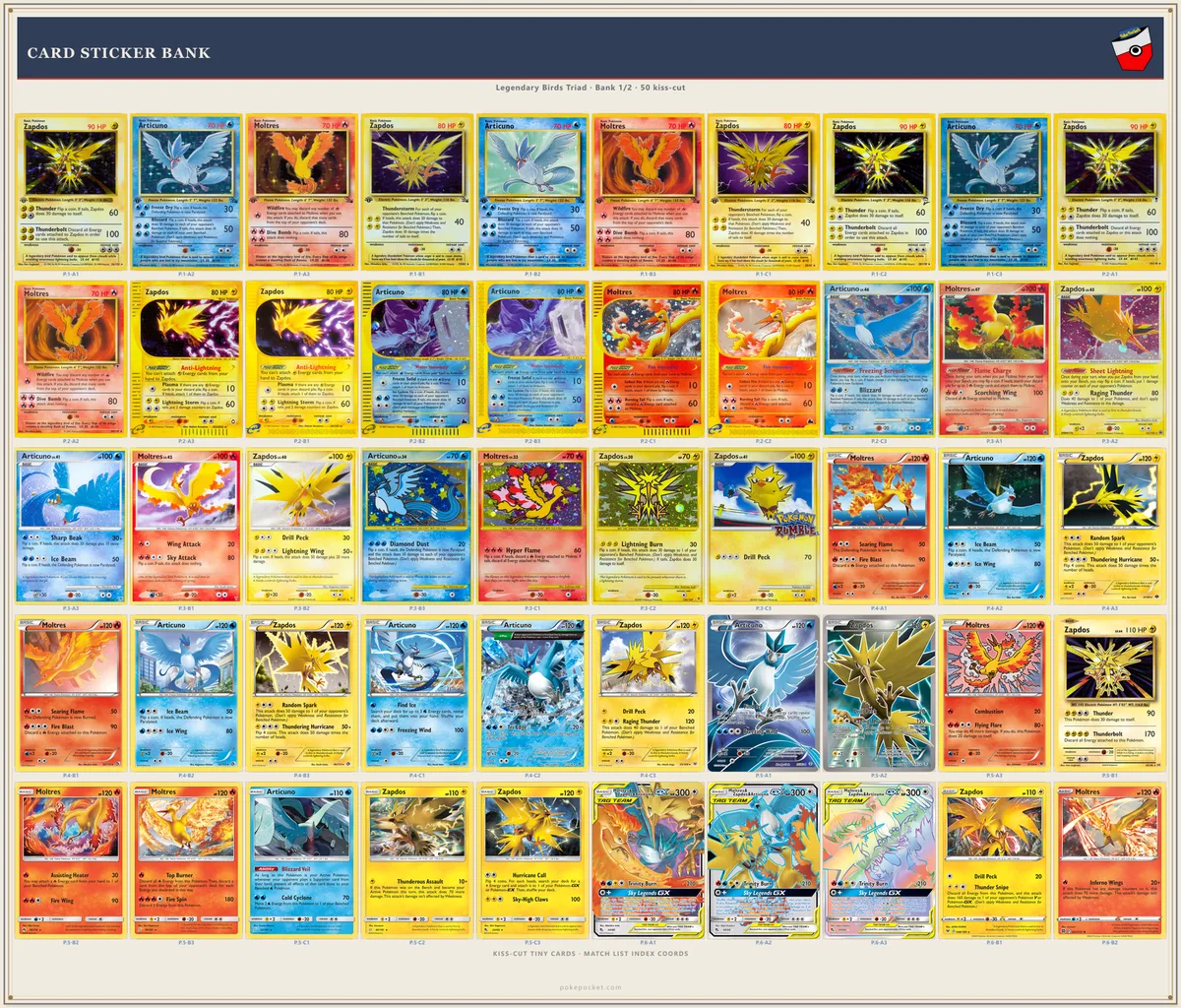 Legendary Birds kiss-cut card-bank mini stickers beside checklist rows — confirm each card as it lands in a pocket