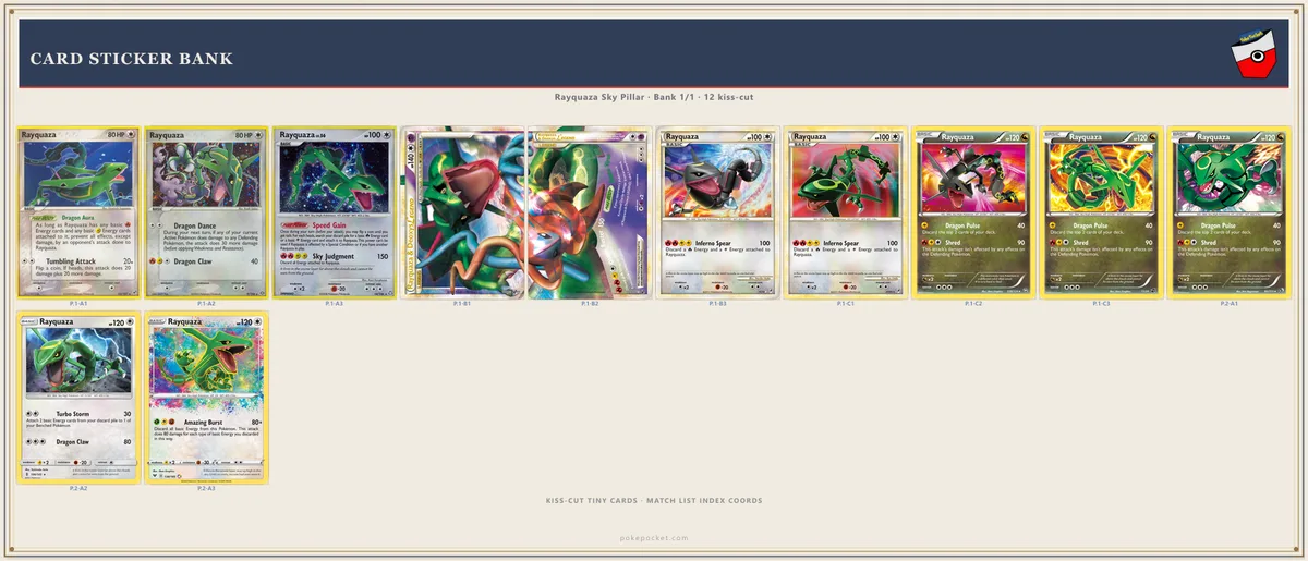 Rayquaza kiss-cut card-bank mini stickers beside checklist rows — confirm each card as it lands in a pocket