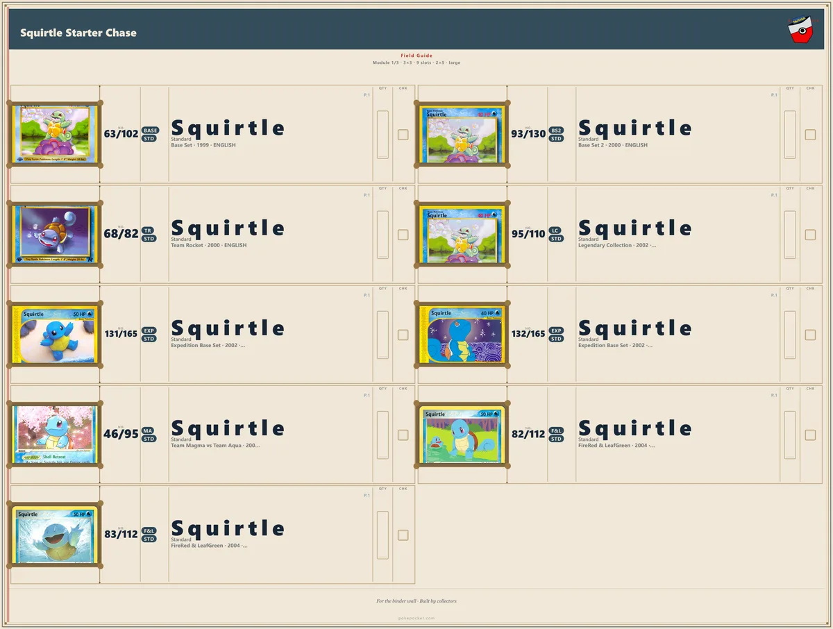 Squirtle binder inside front cover with peel-and-stick checklist sticker — numbered rows with QTY and CHK columns