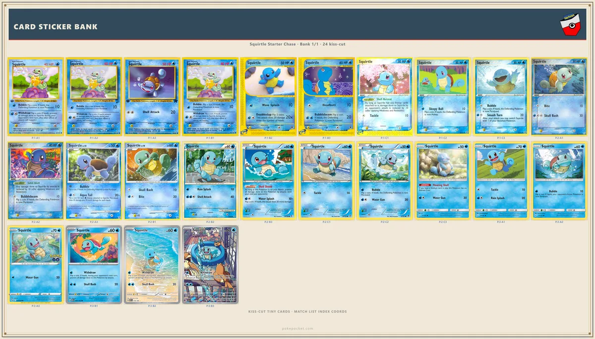 Squirtle kiss-cut card-bank mini stickers beside checklist rows — confirm each card as it lands in a pocket