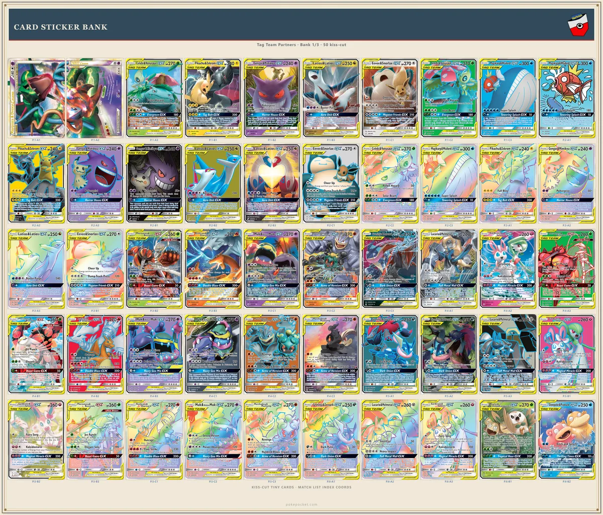 Tag Team kiss-cut card-bank mini stickers beside checklist rows — confirm each card as it lands in a pocket
