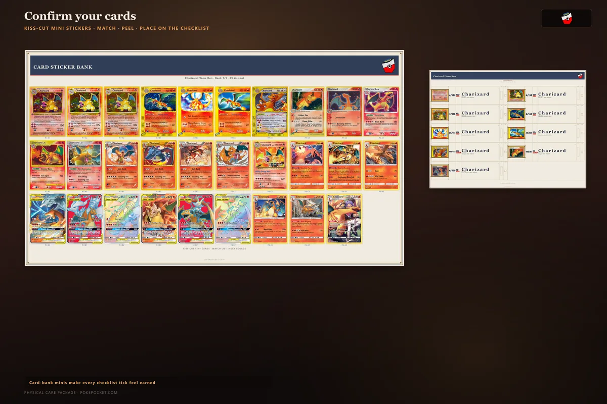 Charizard kiss-cut card-bank mini stickers beside checklist rows — confirm each card as it lands in a pocket