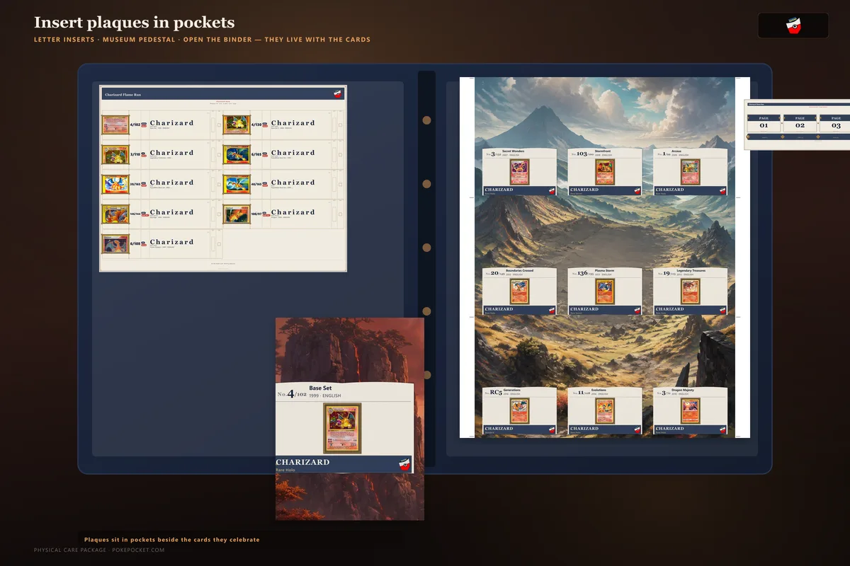 Plaques sleeved in binder pockets — lifestyle proof